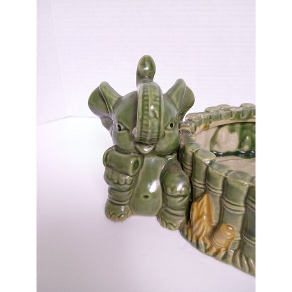 Majolica Pottery Lucky Happy Trunk Up Elephant with Bamboo Vintage Planter - Picture 2 of 11